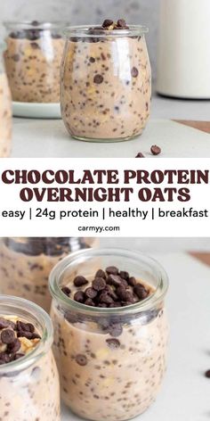 chocolate protein overnight oats in small glass jars on a white table with text overlay