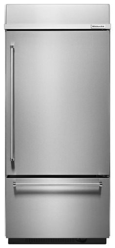 a stainless steel refrigerator freezer sitting on top of a white background with the door open