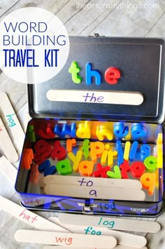 the word building travel kit is filled with letters