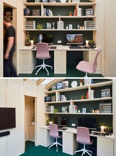 two pictures of the same room with desks and bookshelves, one has a computer on it