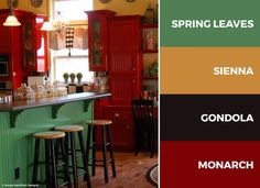 a kitchen with red cabinets, green counter tops and bar stools in front of it