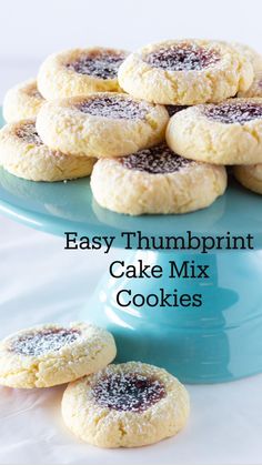 easy thumbprint cake mix cookies on a blue plate