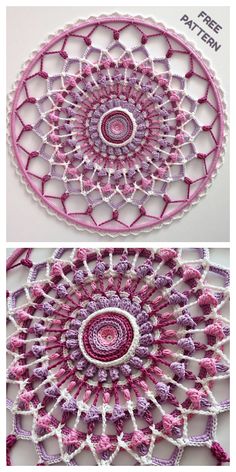 crocheted doily is shown in two different colors and sizes, with the same pattern