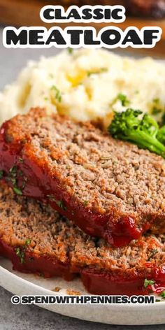 meatloaf on a plate with mashed potatoes and broccoli