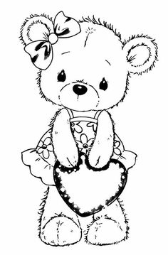 a black and white drawing of a teddy bear holding a heart