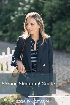 Sezane Shopping and Sizing Guide with info on sweaters, jackets, shoes, dresses, and more. Sezane Christie Jacket, Sezane Capsule Wardrobe, Sezane Will Jacket, Sustainability Tips, Tomboy Shirts, Shoes Dresses, Basic White Tee, Fall 24