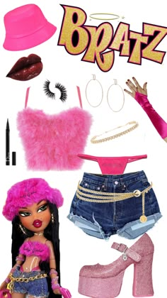 a barbie doll is dressed in pink and has clothes, shoes, makeup, and accessories