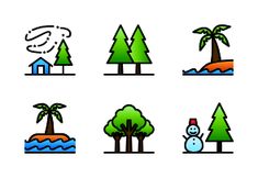 trees and snowmen are depicted in this set of flat line art style icons on white paper