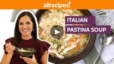 a woman holding a bowl of pasta next to a plate with chicken and rice in it