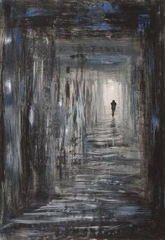 an abstract painting of a person walking down a dark tunnel with light at the end