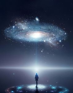 a person standing in front of a large galaxy