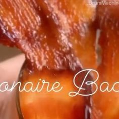 bacon is being held up in front of the camera with words that read, bonar back