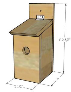 a wooden birdhouse with measurements for the top and bottom section, including one door