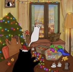 a black cat sitting on top of a table next to a christmas tree with lights