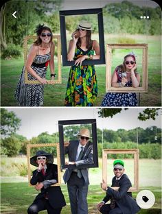 four different pictures of people dressed up in costumes and hats, posing for photos with frames