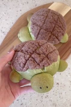 a person holding up two cookies shaped like turtles