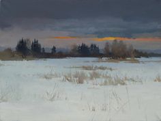 an oil painting of a snowy field with trees in the distance and orange sky above