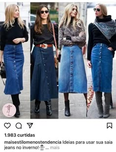 Duster And Jeans Outfit, Demin Skirt Winter Outfit, Winter Skirts 2023, Midi Demin Skirt Outfits, Denim A Line Skirt Outfit, Button Down Denim Skirt Outfit, Gonna Jeans Outfit, Maxi Skirt Denim Outfit, Midi Denim Skirt Outfit Fall