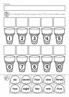 worksheet for numbers 1 - 10 with cups and ice cream cones on it