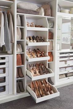 an organized closet with shoes and purses