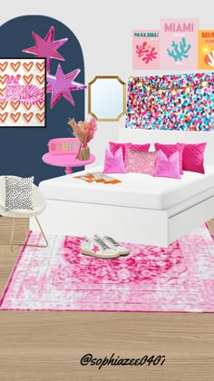 a bed room with a neatly made bed and pink decor on the wall above it