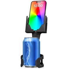 an image of a cell phone holder with a drink in it and a rainbow background