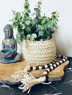 a potted plant sitting on top of a wooden table next to a buddha statue