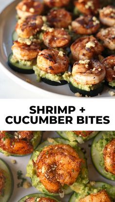 shrimp and cucumber bites on a plate with the title overlay reads shrimp and cucumber bites