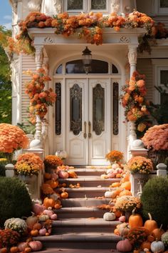 an entrance to a house with pumpkins and flowers on the steps leading up to it