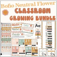 the boho neutral flower classroom growing bundle is shown in orange and green, with text that