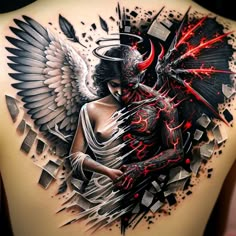 a woman with an angel tattoo on her back