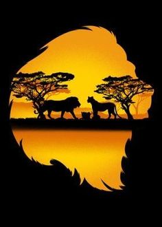 the silhouette of two animals in front of a sunset with trees and water behind them