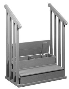 a set of stairs with drawers on the bottom and bottom, in grey plastic material