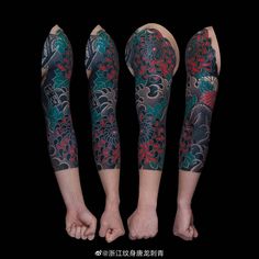 three legs with tattoos on them and one leg is covered in red, green and yellow flowers