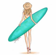 a drawing of a woman holding a surfboard in her hand and wearing a hat