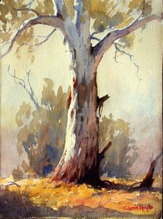 a watercolor painting of a tree in the middle of a field with yellow grass