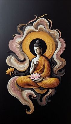 a painting of a buddha sitting on top of a lotus flower in front of a black background