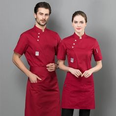 summer women and men kitchen restaurant cook workwear Red chef uniform white shirt chef jacket _ - AliExpress Mobile Chef Jackets Women, Chef Jackets Design, Chef Dress, Men Kitchen, Summer Workwear, Restaurant Uniforms, Hotel Uniform, Chef Jackets