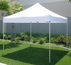 a large white tent sitting on top of a lush green field next to a building