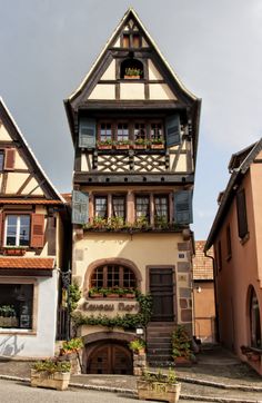 an old house with flowers growing on the windows