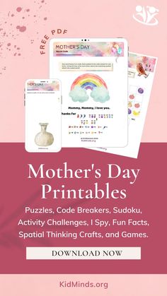 the mother's day printables for kids and adults are displayed on a pink background