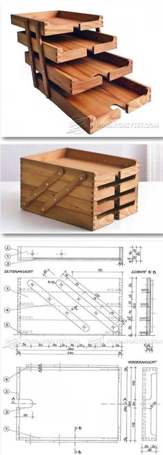 the plans for a wooden box are shown in three different views, including one with drawers and