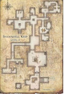 the map for shadowwell keep level 2, which includes several rooms and two bathrooms