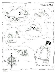 a pirate map is shown in black and white with an image of a ship, pirates flag