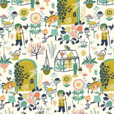 an image of a pattern with people and animals in the garden on a white background