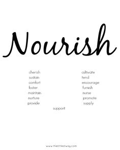 the word nourish is written in black ink on a white background with other words below it