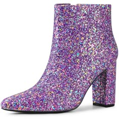 These stylish boots are made of a material that will be a big hit. They have an elasticated side zipper, sequin upper, and high-block heels for an added touch of style. They are great for parties, clubs, dating, daily, and going out. These boots are eye-catching, so just pair them with your skirts or skinny jeans to create a stylish, fashionable look. Glitter Ankle Boots, Chunky Heel Booties, Chunky Heel Ankle Boots, Black Block Heels, Back To College, Zipper Heels, Womens Chunky Heels, Block Heel Ankle Boots, Chunky High Heels