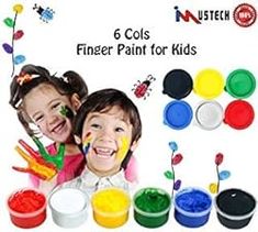 two children with their faces painted in different colors and paintbrushes next to each other