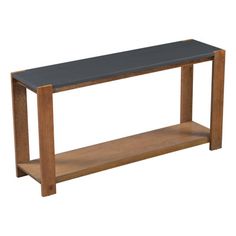 a wooden table with a black top and shelf