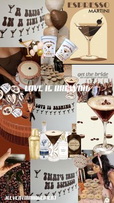 there is a collage of pictures with drinks and desserts on it in different colors